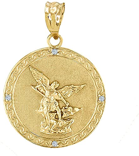 10K Gold Saint Michael The Archangel Diamond Accented Medal Pendant (G-H Color, SI1-SI2 Clarity) - Choice of Metal