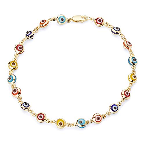 The World Jewelry Center 14k REAL Yellow Gold Evil Eye Bracelet - 3 Different Color Available