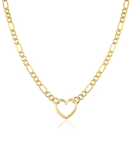 Jewelry Atelier Gold Filled Figaro Heart Necklaces – 14K Yellow Gold Filled Heart Pendant with Solid Figaro Chain for Women with Different Sizes (2.7mm, 4.5mm)