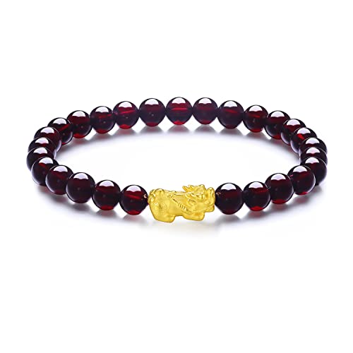 24K Solid Gold Bracelet for Women, Real Pure Gold Jewelry Fortune Pixiu Garnet Beaded Bracelet for Men